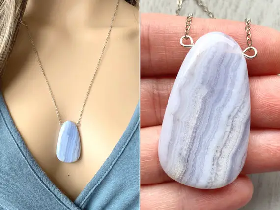 Blue Lace Agate Necklace, Blue Crystal Necklace Sterling Silver, Blue Gemstone Pendant Big Blue Calming Stone Necklace For Women Exact Stone