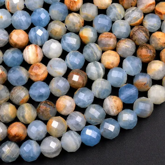 Faceted Natural Argentina Lemurian Aquatine Blue Calcite 6mm 8mm Round Beads 15.5" Strand