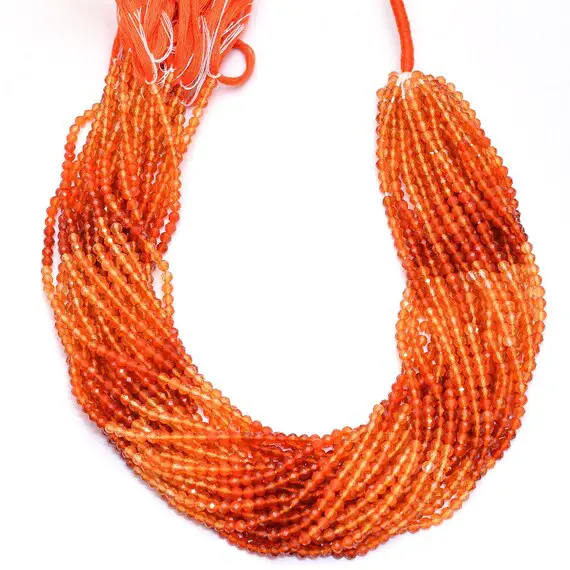 Natural Aaa+ Carnelian 3mm-4mm Micro Faceted Beads | 13inch Strand | Multi Orange Carnelian Semi Precious Gemstone Roundel Beads For Jewelry