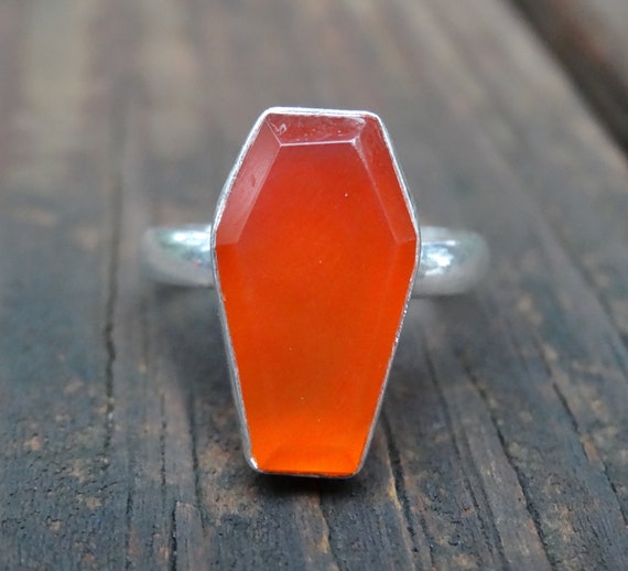 925 Coffin Ring, Natural Orange Carnelian Coffin Stone Rings, Sterling Silver Coffin Statement Ring, Orange Carnelian  Ring, Gothic Jewelry