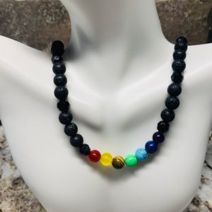 Shop Chakra Beads! Chakra Necklace – beaded necklace with chakra beads and black lava beads | Shop jewelry making and beading supplies, tools & findings for DIY jewelry making and crafts. #jewelrymaking #diyjewelry #jewelrycrafts #jewelrysupplies #beading #affiliate #ad