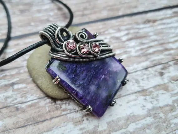 Purple Charoite Pendant, Wire Wrapped Jewellery, White Witch Jewellery, Russian Charoite Necklace, Purple Gemstone Jewellery