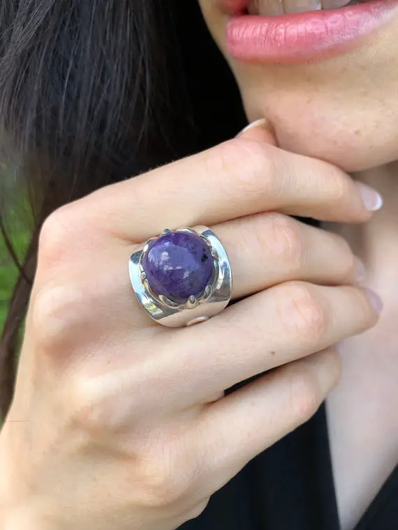 Charoite Ring, Natural Charoite, Round Ring, Statement Ring, Purple Stone Ring, Vintage Ring, Purple Ring, 925 Silver Ring, Charoite