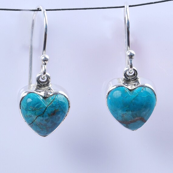 Natural Chrysocolla Earrings ,gemstone Jewelry, 925 Solid Silver Earring,heart Stone Earring, Blue Color Earrings, Gifts For Her