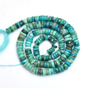 Shop Chrysocolla Faceted Beads! Natural Chrysocolla Gemstone 5mm-6mm Faceted Heishi Beads | Chrysocolla Semi Precious Gemstone Wheel / Tyre Rondelle Beads | 13inch Strand | Natural genuine faceted Chrysocolla beads for beading and jewelry making.  #jewelry #beads #beadedjewelry #diyjewelry #jewelrymaking #beadstore #beading #affiliate #ad