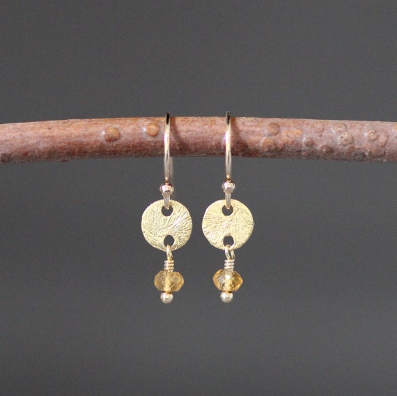 Citrine And Gold Earrings - Yellow Gemstone Earrings - Brushed Gold Earrings - November Birthstone Jewelry