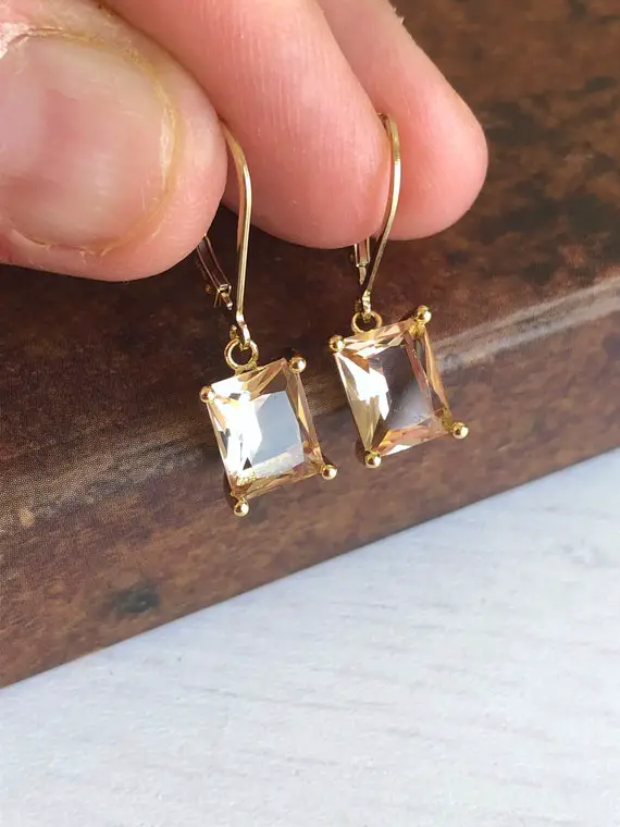 Champagne Citrine Earrings, Golden Citrine Emerald Cut Dangle Drops In Gold Or Silver, November Birthstone, Rectangular Jewelry Gift For Her