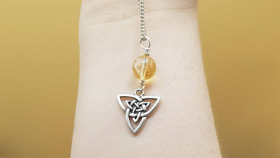 Celtic Knot Triquetra Citrine Necklace. Crystal Reiki Jewelry Uk. November Birthstone. Silver Plated Pendant. 10mm Stone