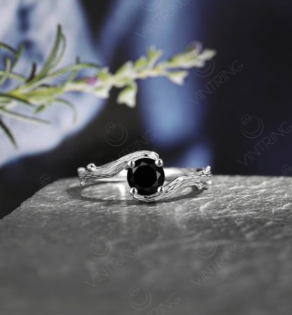 Vintage Black Onyx Engagement Ring, Black Onyx Ring With Diamond, Twig Branch Ring, White Gold Bypass Ring, Solitaire Ring, Handmade Ring