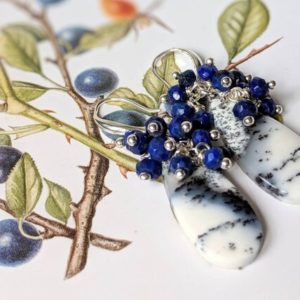Shop Dendritic Agate Earrings! Dendritic agate & blue lapis lazuli cluster earrings | Natural genuine Dendritic Agate earrings. Buy crystal jewelry, handmade handcrafted artisan jewelry for women.  Unique handmade gift ideas. #jewelry #beadedearrings #beadedjewelry #gift #shopping #handmadejewelry #fashion #style #product #earrings #affiliate #ad