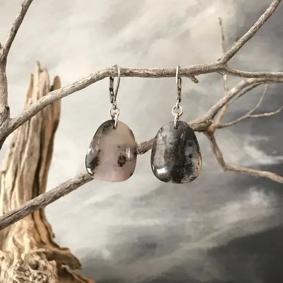 Dendritic Agate Earrings, Asymmetrical Earrings, Silver Grey Black And White Stone Slice Earrings, Simple Stone Slab Earrings Hypoallergenic