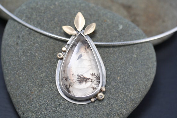 Dendritic Agate Necklace With Solid Gold And Diamond Accents, Unique Agate Pendant,  Rachel Wilder Handmade Jewelry