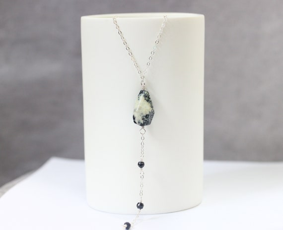 Dendrite Agate Necklace, Sterling Silver Y Necklace, Gemstone Lariat Necklace, Black And White Stone, Bohemian Jewelry, Black Spinel