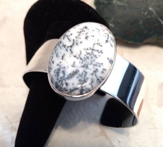 Dendritic Agate Stone Statement Cuff Bracelet Sterling Silver Wide Band Wow!