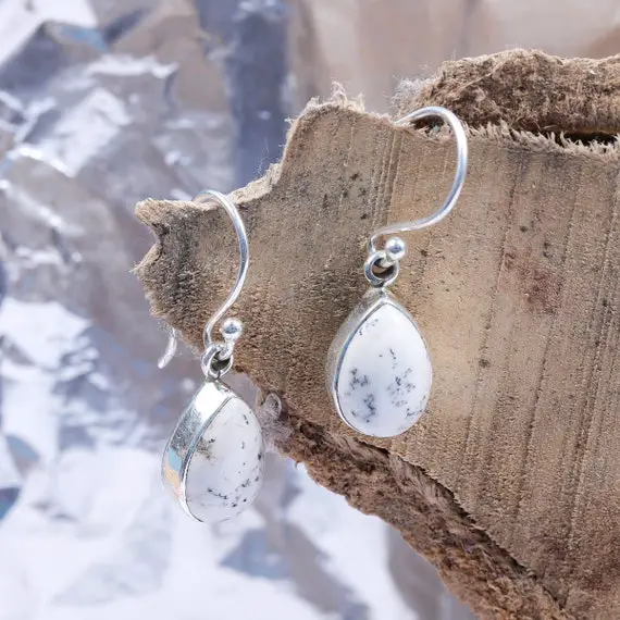 Dendritic Pear 8x12 Mm Earrings- Natural Dendritic Agate- 925 Earring- Silver Jewelry,gift For Her - Unique Gift - Dainty Earring,handmade