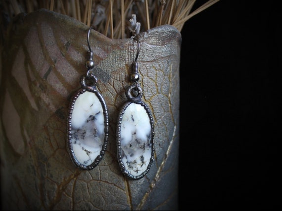 Drop Earrings From White Montana Dendritic Agate, Landscape Agate, Electroformed Witch Jewelry, Copper Earrings, Healing Stone, Amulet Ring