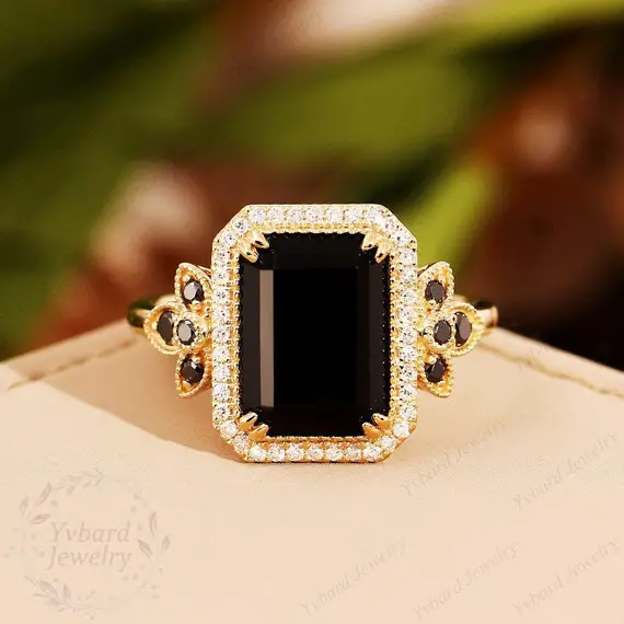Emerald Cut Black Onyx Engagement Ring Solid 14k Gold Ring Cluster Ring Real Natural Black Diamond Bridal Ring Promise Ring Anniversary Gift