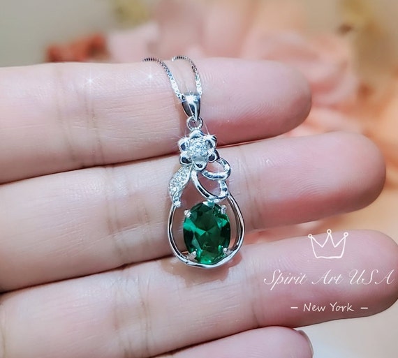 Large Emerald Necklace - Sterling Silver Flower Emerald Pendant - Lab Created Green Gemstone May Birthstone Jewelry #242