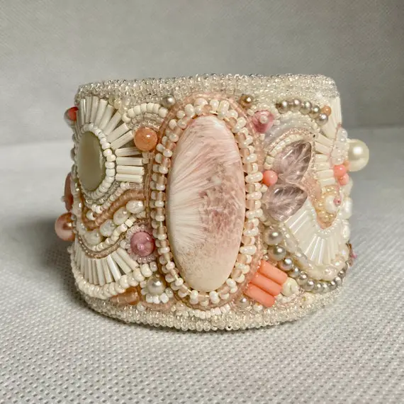 Fairy Princess Peaches & Cream Scolecite Beaded Cuff Bracelet Wedding Czech Pressed Glass Crystal