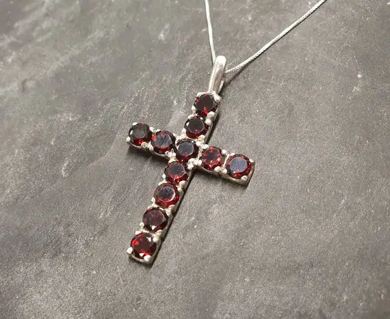 Garnet Cross, Red Cross Pendant, Cross Necklace, January Birthstone, Christian Pendant, Natural Garnet, Symbol Pendant, Solid Silver Pendant