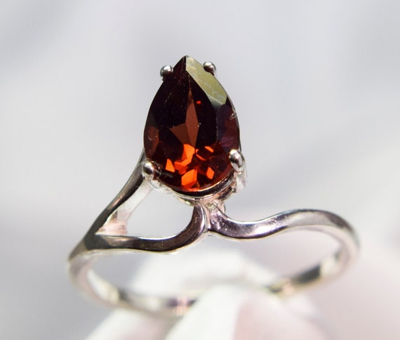 Garnet Ring, Genuine Gemstone 9x6mm Pear Shaped 1.45ct, Set In 925 Sterling Silver Solitaire Ring