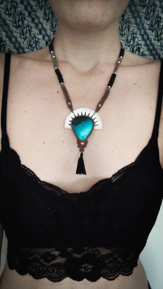 Geometric Dots Pattern Azurite Necklace-black Coton Tassel-ethnic Jewelry-unique-boho Necklace-new-gems-azurite Jewels-goddess Ornament