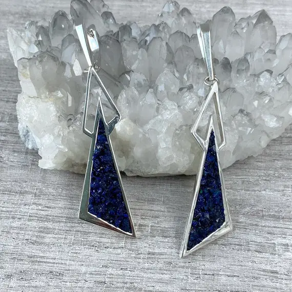 Geometric Earrings Dangle With Crystals Blue Druzy Azurite Earrings Silver 925 For Girls Unusual Gift Made In Armenia