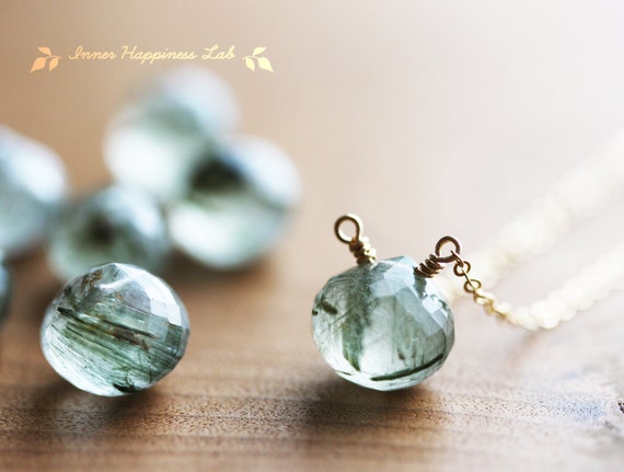 Green Tourmalinated Quartz Necklace, Green Rutilated Quartz Necklace, 14k Gold Filled, Sterling Silver,onion Brioltte Beads