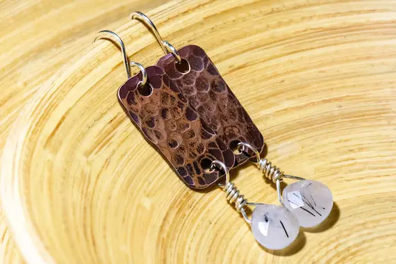 Handmade Copper And Tourmalinated Quartz Earrings, Textured Copper Earrings, Hammered Copper, Black And White Semiprecious Stone, Gemstone