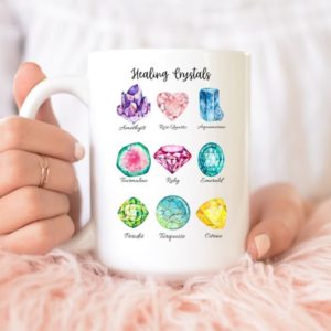 Healing Crystals Ceramic Mug Featuring Colorful Amethyst, Rose Quartz, Aquamarine, Peridot, Turquoise, Citrine, Ruby and Emerald | Shop jewelry making and beading supplies, tools & findings for DIY jewelry making and crafts. #jewelrymaking #diyjewelry #jewelrycrafts #jewelrysupplies #beading #affiliate #ad