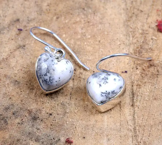 Heart Stone Earrings- Genuine Dendritic Agate- 925 Earring- Dendritic Opal Earring,silver Jewelry -gift For Her -unique Gift,dainty Earring