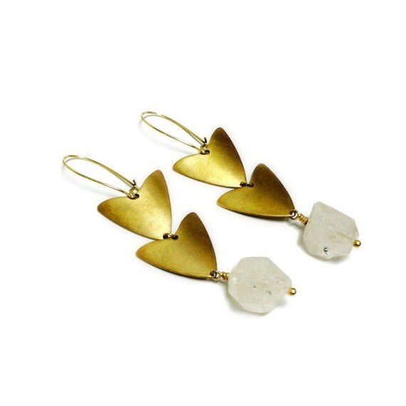 Herkimer Diamond Earrings - Herkimer Diamond Jewelry - Triangle Gold Modern Geometric Earrings - Jewelry Hipster Fashion