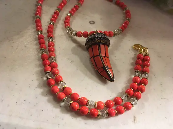 Orange Necklace - Howlite Gemstone Jewelry - Horn Pendant - Beaded Jewellery - Crystal - Gold