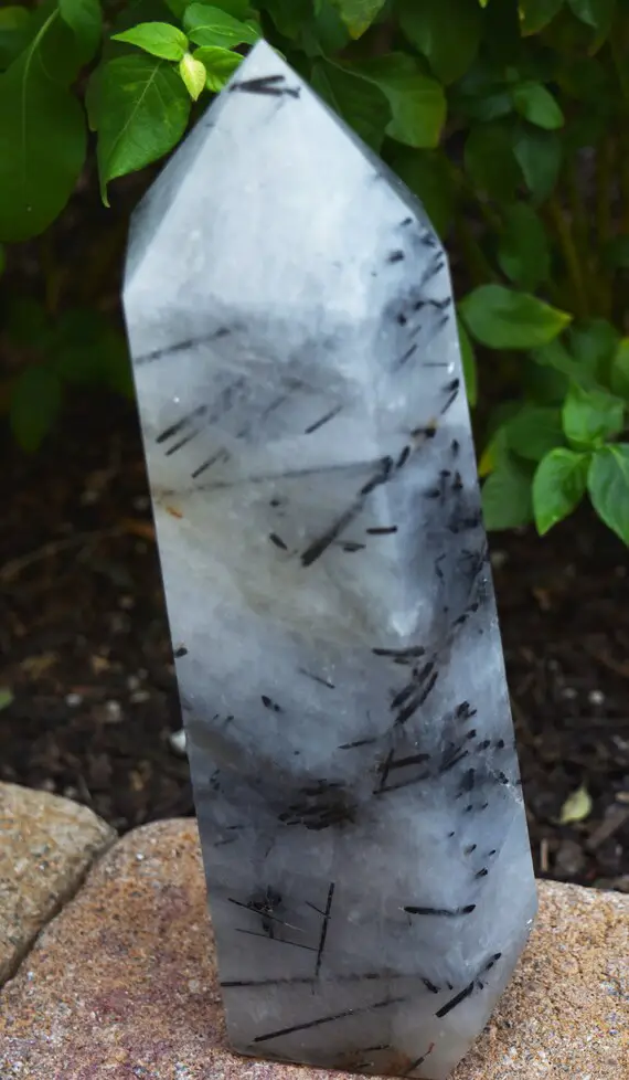 Huge Quartz/ Black Tourmaline Crystal Wand - Natural Polished Crystal -  10 3/4 Inches, 5.91 Lb. - Schorl - Obelisk