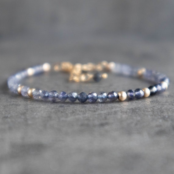 Iolite Beaded Bracelet For Women In Sterling Silver & Rose Gold, Gemstone Bracelet, Birthday Gift For Wife, Water Sapphire Jewelry