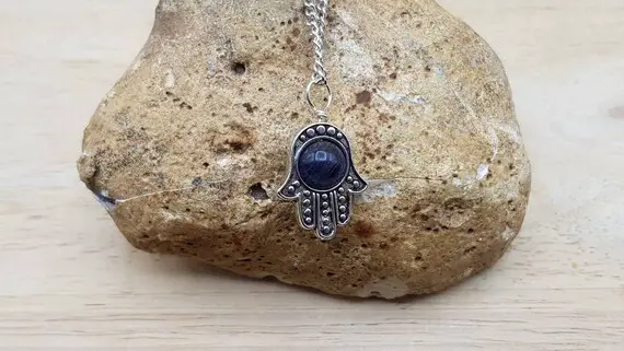 Hamsa Iolite Pendant Necklace. Protection Symbol. Reiki Jewelry Uk. Wire Wrap Pendant Uk. 21st Anniversary Gemstone