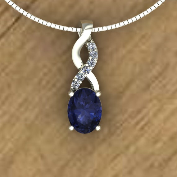 Oval Iolite And Diamond Crossover Bail Pendant On 14k White Gold Box Chain Necklace - An Original Design By Charles Babb