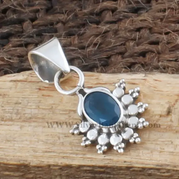 Iolite Pendant-semi Precious Blue Cut Stone Pendant-floral Design Silver Pendant-antique Silver Pendant-women Gift Pendant-labour Day Gift