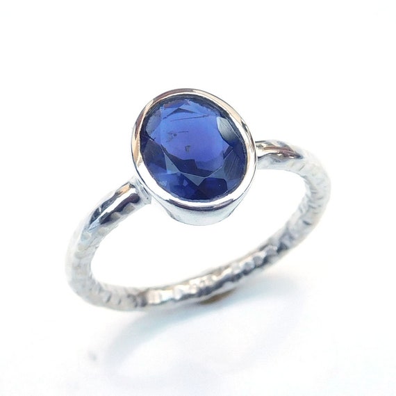 Iolite Ring, Natural Blue Iolite Ring, Blue Stone Ring, Faceted Stone Ring 925 Sterling Silver Iolite Ring, Stackable Ring Hammered-u306