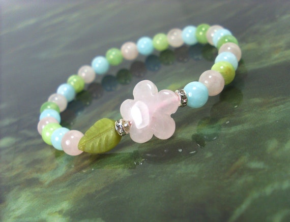 Pink Blue And Green Jade Floral Bracelet For Women Or Girl, Natural Gemstone Beaded Bracelet With Gemstone Flower, Gift For Her +gift Box