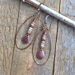 African Opal Jasper Earrings, Natural Stone Hoop Earrings, Neutral Earthy Jewelry, Hammered Copper Hoop Earrings, 7th Anniversary Jewelry | Natural genuine Jasper jewelry. Buy crystal jewelry, handmade handcrafted artisan jewelry for women.  Unique handmade gift ideas. #jewelry #beadedjewelry #beadedjewelry #gift #shopping #handmadejewelry #fashion #style #product #jewelry #affiliate #ad