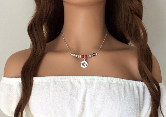 Lotus Necklace, Buddha, Om, Red, Gemstone