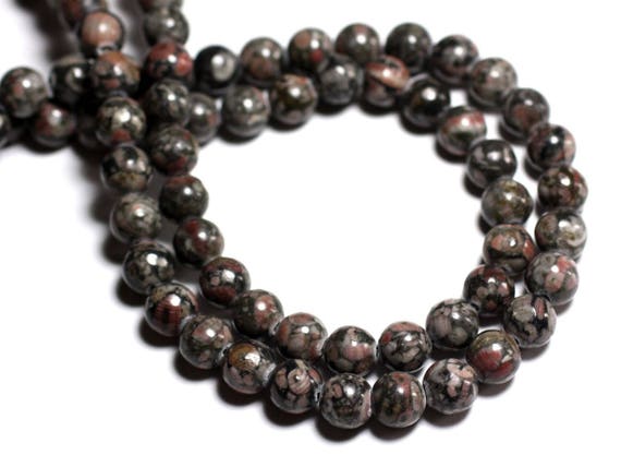 Fil 39cm 39pc Env - Perles De Pierre - Jaspe Océan Fossile Noir Boules 10mm