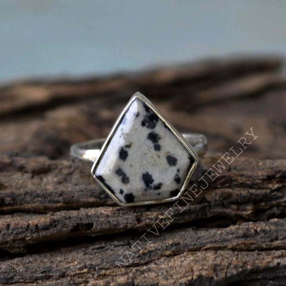 Dalmatian Jasper Ring, 925 Sterling Silver Ring, Diamond Shape Dalmatian Gemstone Ring, Bezel Set Ring, Birthstone Ring, Fine Gift Ring