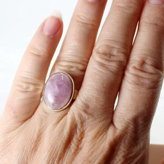 Pink Kunzite Ring All Natural Kunzite Stone Oval Cabochon On Sterling Silver Bezel Amazing Quality Jewelry And Natural Kunzite