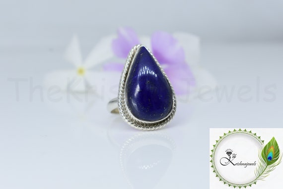 Blue Lapis Lazuli Ring, 925 Sterling Silver Ring, Pear Gemstone Ring, Cabochon Gemstone, Natural Gemstone Ring, Simple Band Ring, Bezel Set