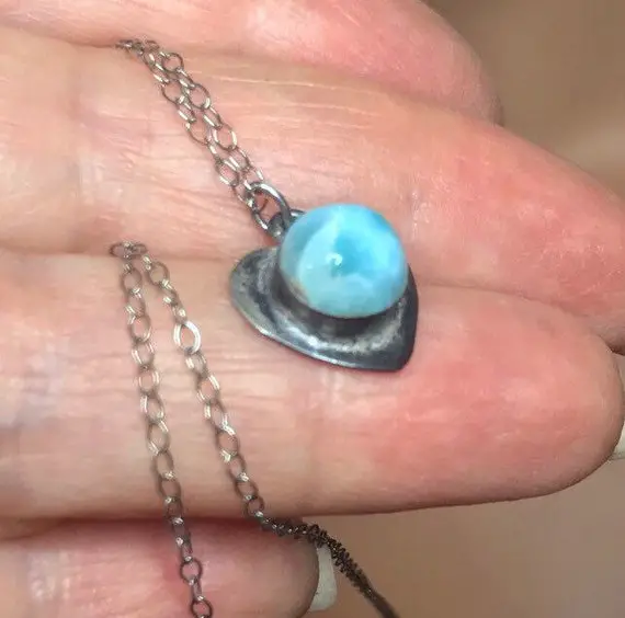 Blue Larimar Pendant, Tarnished Sterling Silver Necklace, Heart Charm, Gift For Her, Rustic, Bohemian Jewelry