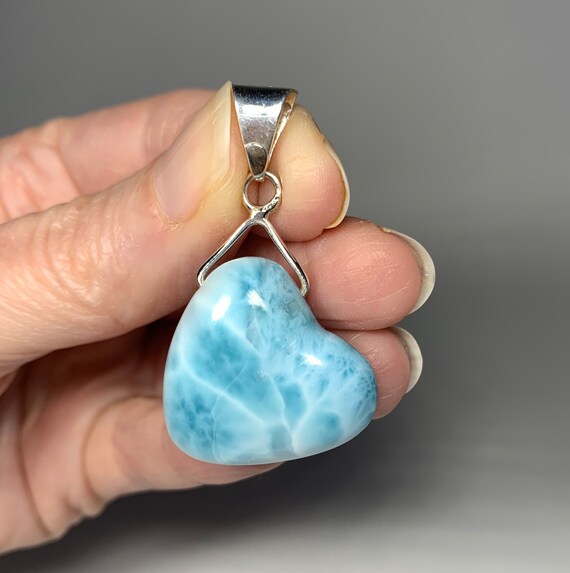 Larimar Pendant - Heart Shaped - With Silver - Natural Genuine Crystal - Healing Stone - Jewelry Gift - From Dominican Republic - 11g