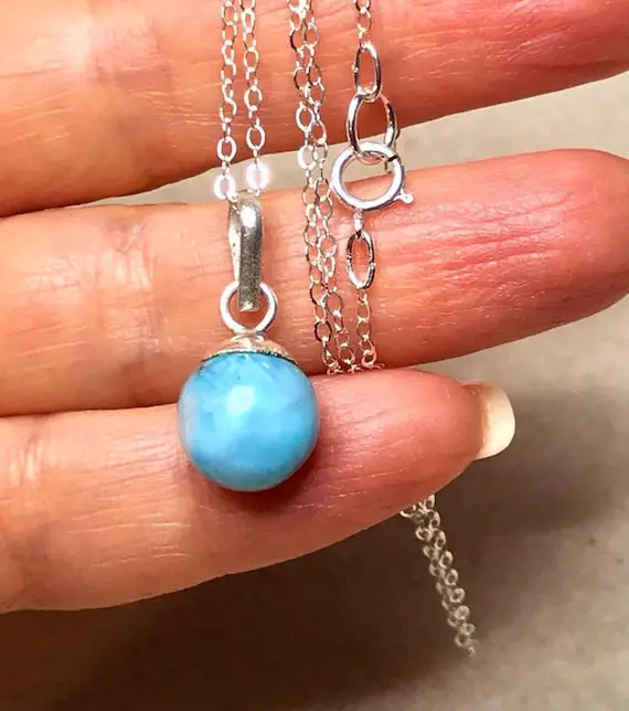 Larimar Pendant, Sky Blue Larimar Necklace, Natural Dominican Larimar Jewelry, Caribbean Blue, Sterling Silver, Tiny Round Gemstone
