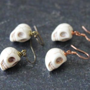 Shop Magnesite Earrings! CLEARANCE Skull Earrings, White Magnesite Skull Beads, Antique Brass, Copper, Skull Jewelry, Halloween Earrings, Halloween Jewelry | Natural genuine Magnesite earrings. Buy crystal jewelry, handmade handcrafted artisan jewelry for women.  Unique handmade gift ideas. #jewelry #beadedearrings #beadedjewelry #gift #shopping #handmadejewelry #fashion #style #product #earrings #affiliate #ad